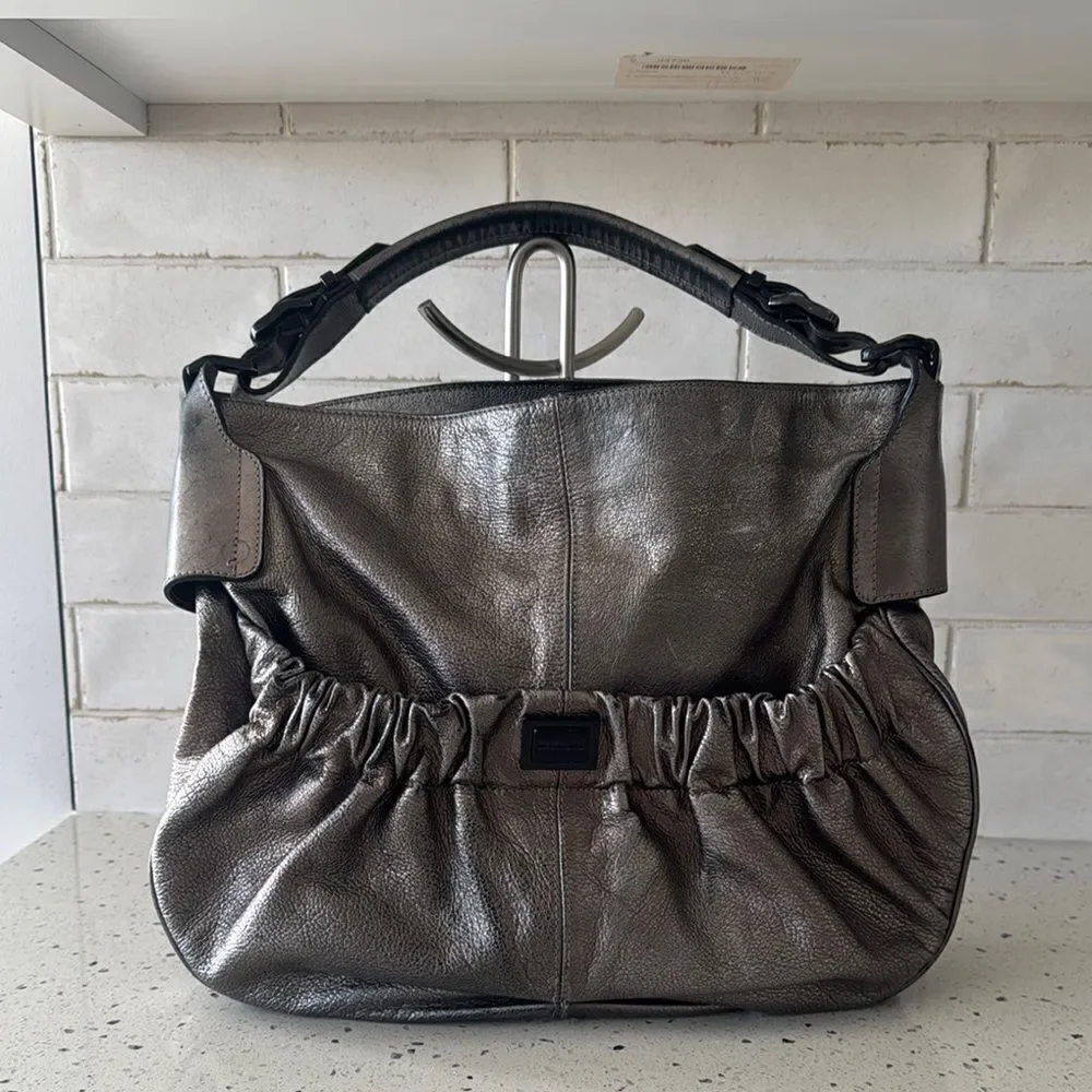 Burberry Warrior Metallic Pewter Leather Satchel Shoulder Handbag Hobo Ruched